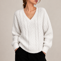 Pull en Maille Torsadée Blanc à Col V pour Femme