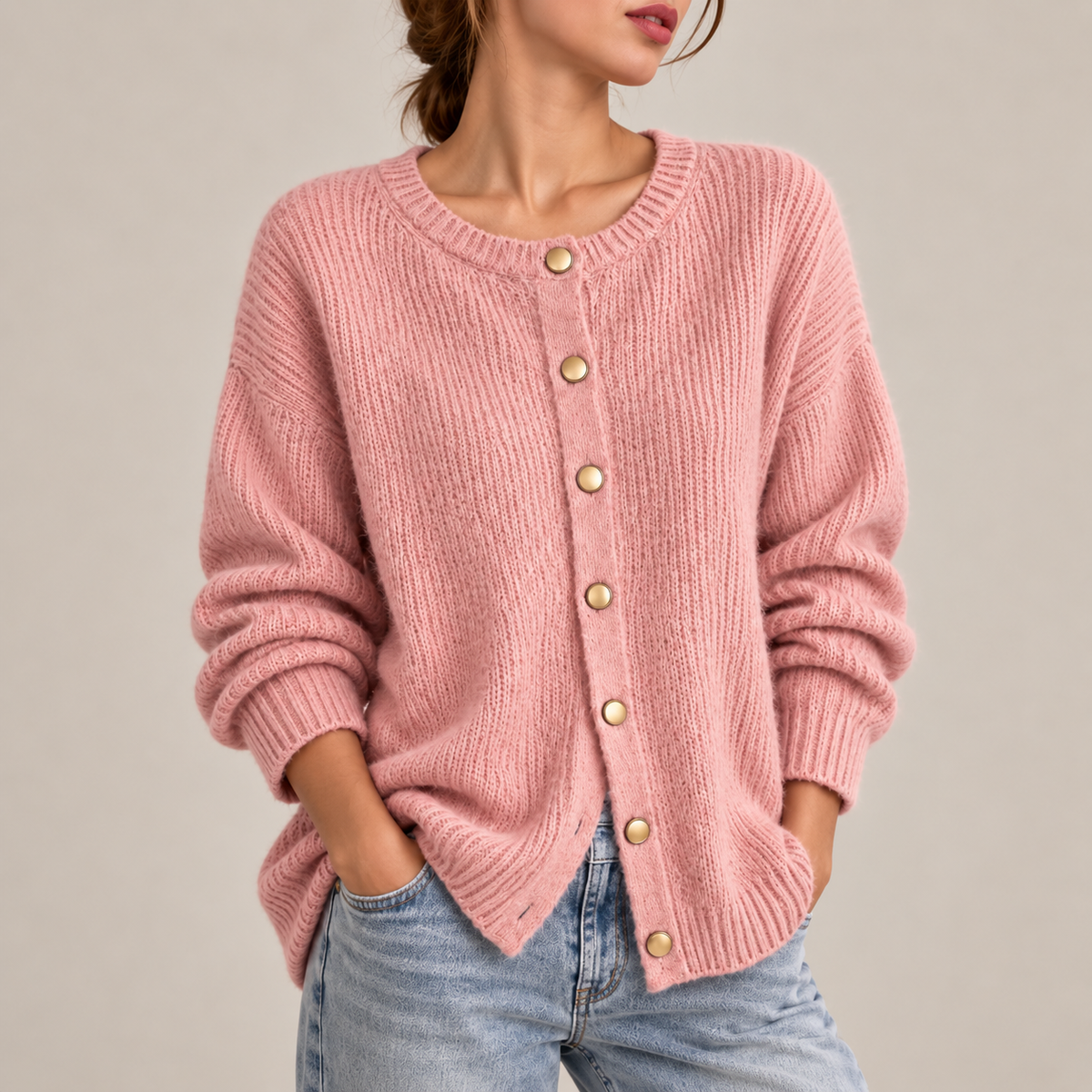 Cardigan Rose Boutonné à Col Rond pour Femme