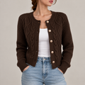 Cardigan Court Marron en Maille Torsadée Boutonné pour Femme