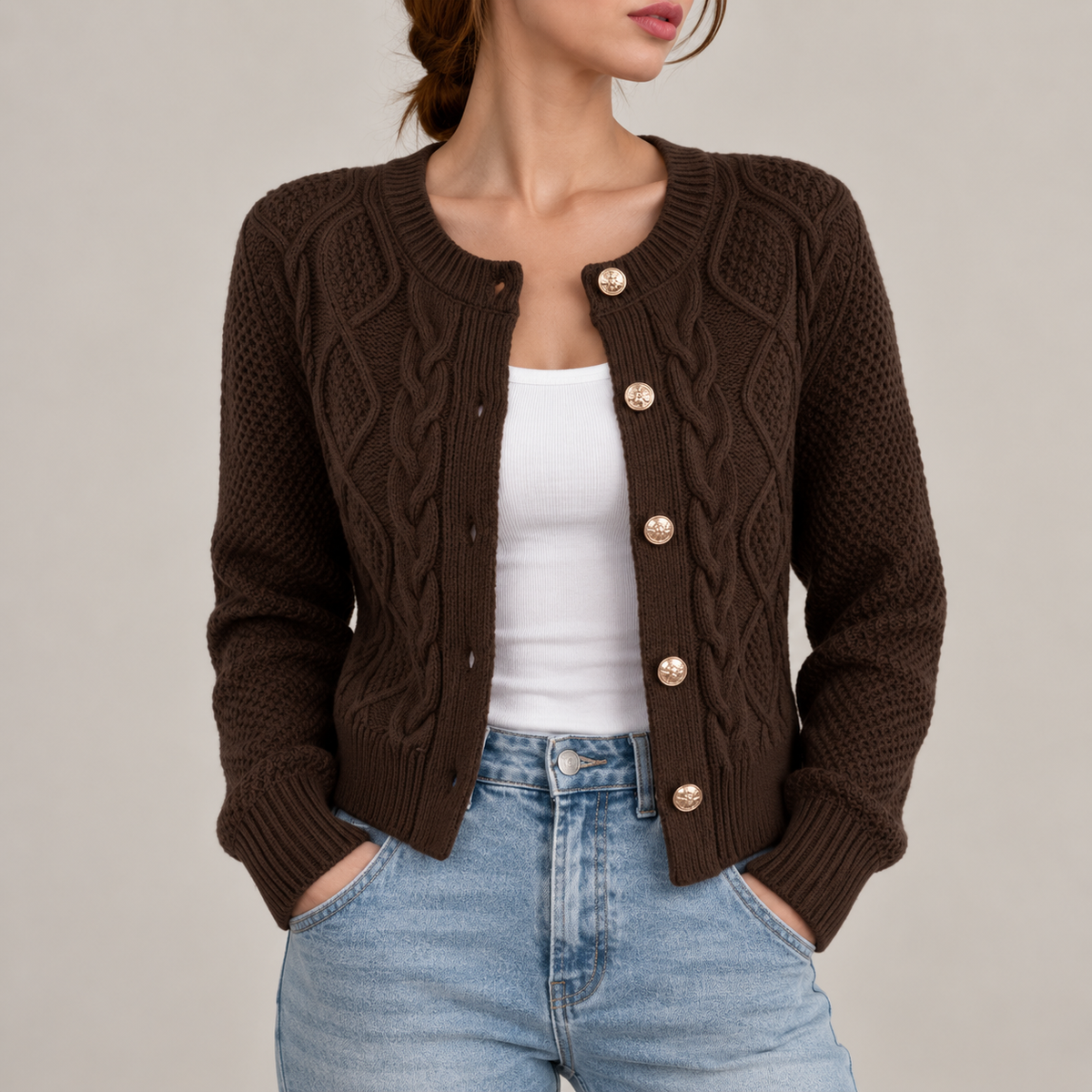Cardigan Court Marron en Maille Torsadée Boutonné pour Femme