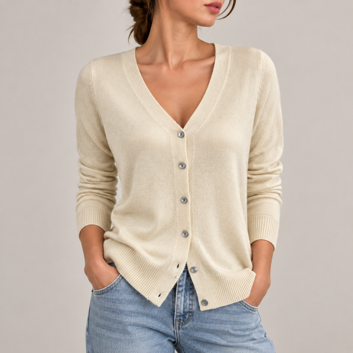 Cardigan Long Écru à Col V Boutonné pour Femme