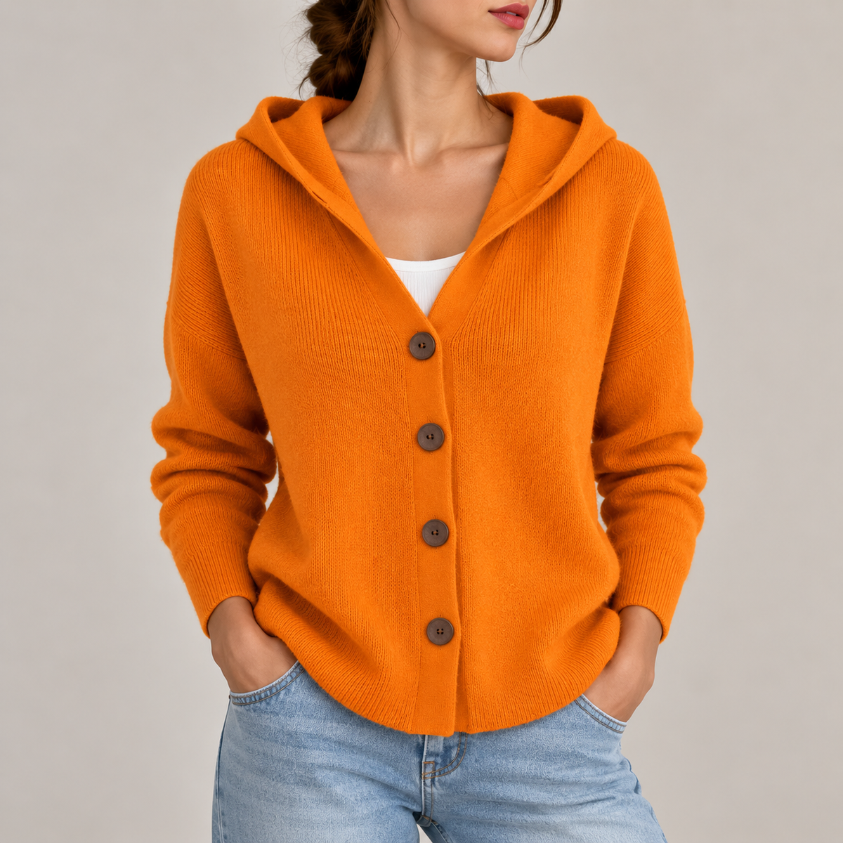 Cardigan à Capuche Orange Boutonné pour Femme