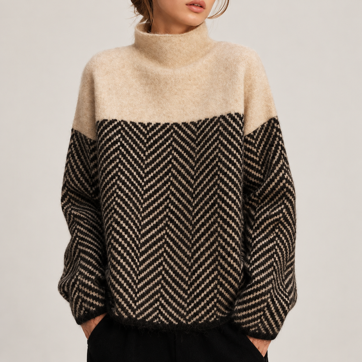 Pull Col Roulé Oversize à Motif Chevron pour Femme