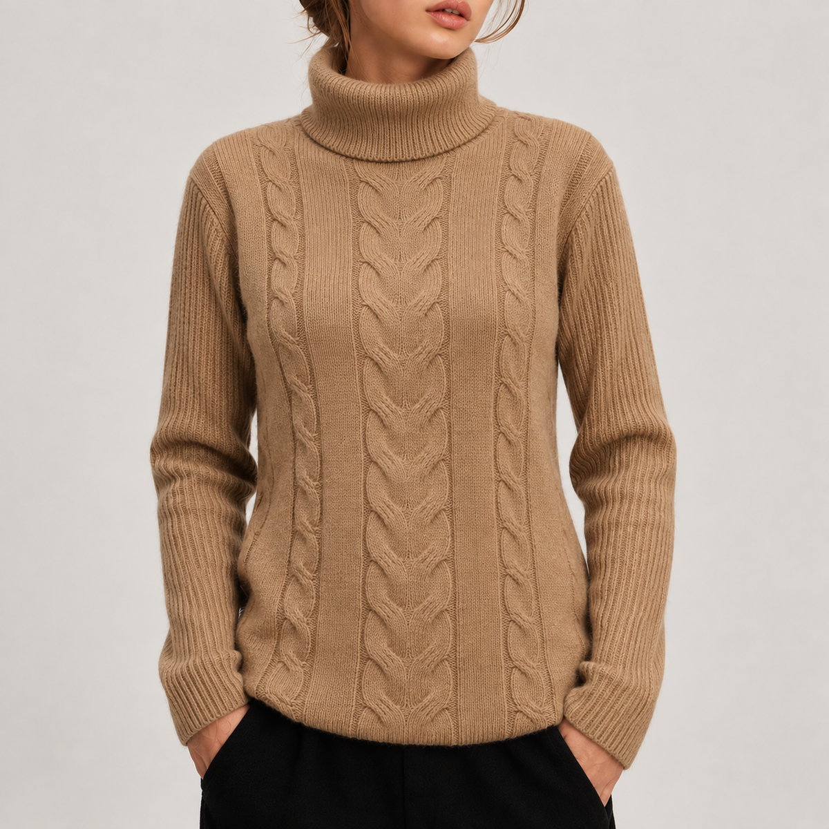 Pull Col Roulé en Maille Torsadée Camel pour Femme