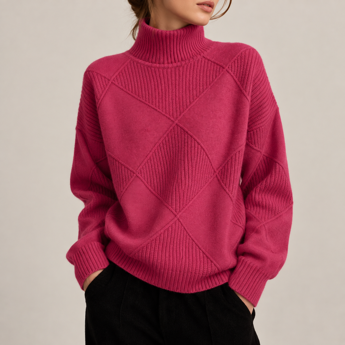 Pull Col Roulé Oversize Rose Framboise à Motif Losange pour Femme