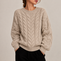 Pull en Grosse Maille Torsadée Beige à Col Rond pour Femme