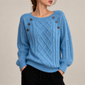 Pull en Maille Torsadée Bleu à Boutons Décoratifs pour Femme