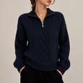 Pull en Maille Torsadée Bleu Marine à Col Zippé pour Femme